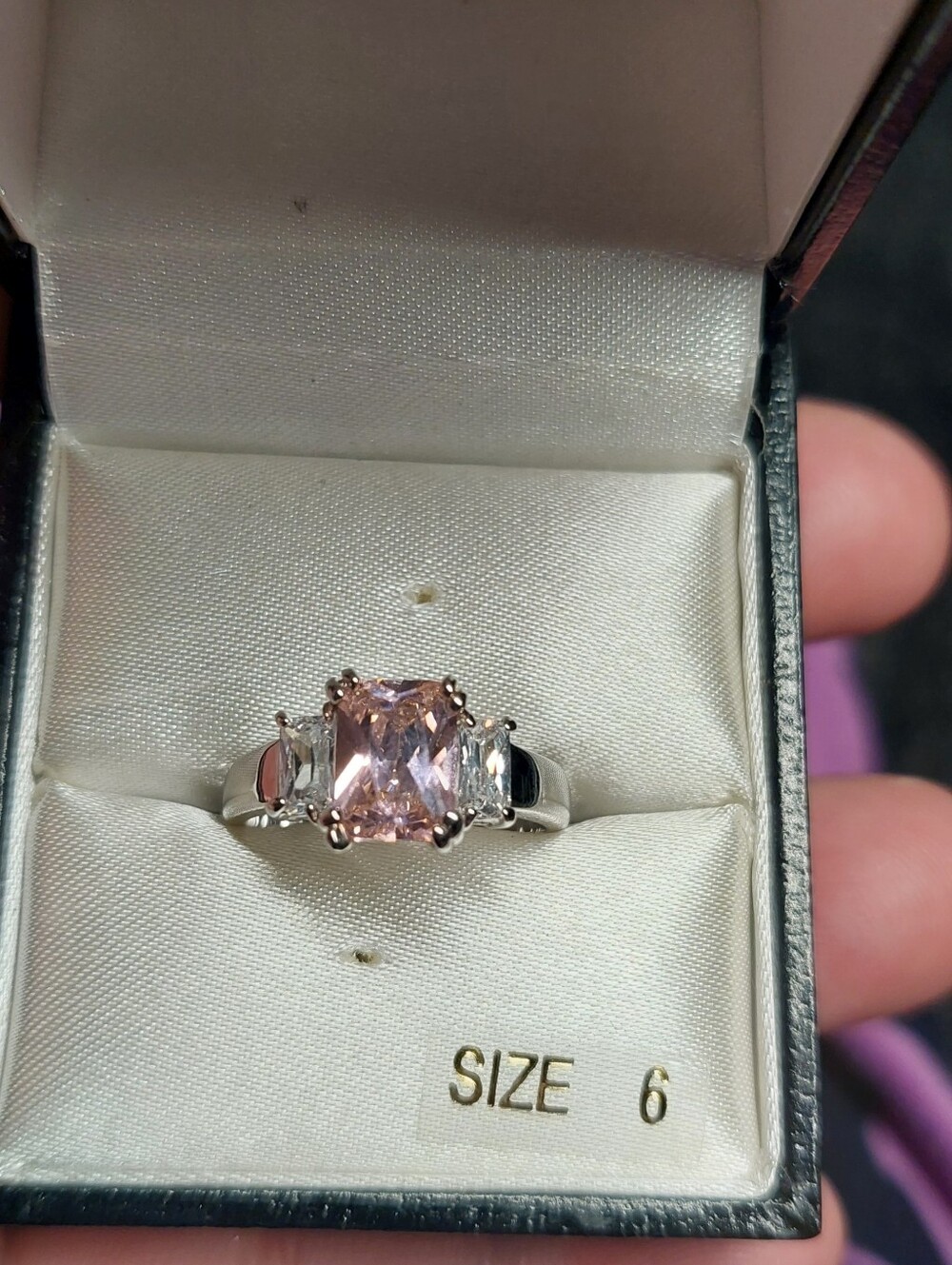 Sterling Silver Pink Three-Stone Ring - Size 6